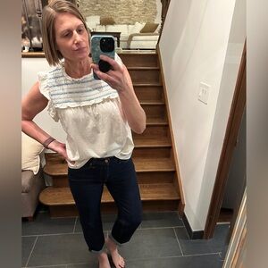 J. Crew Factory White and Blue Ruffle Top